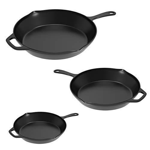 Home-Complete HC-5003 Frying Pans-Set of 3 Cast Iron Pre-Seasoned Nonstick Skillets in 10”, 8”, 6” Cook Eggs, Meat, Pancakes, and More-Kitchen Cookware, 3-Pack, Black