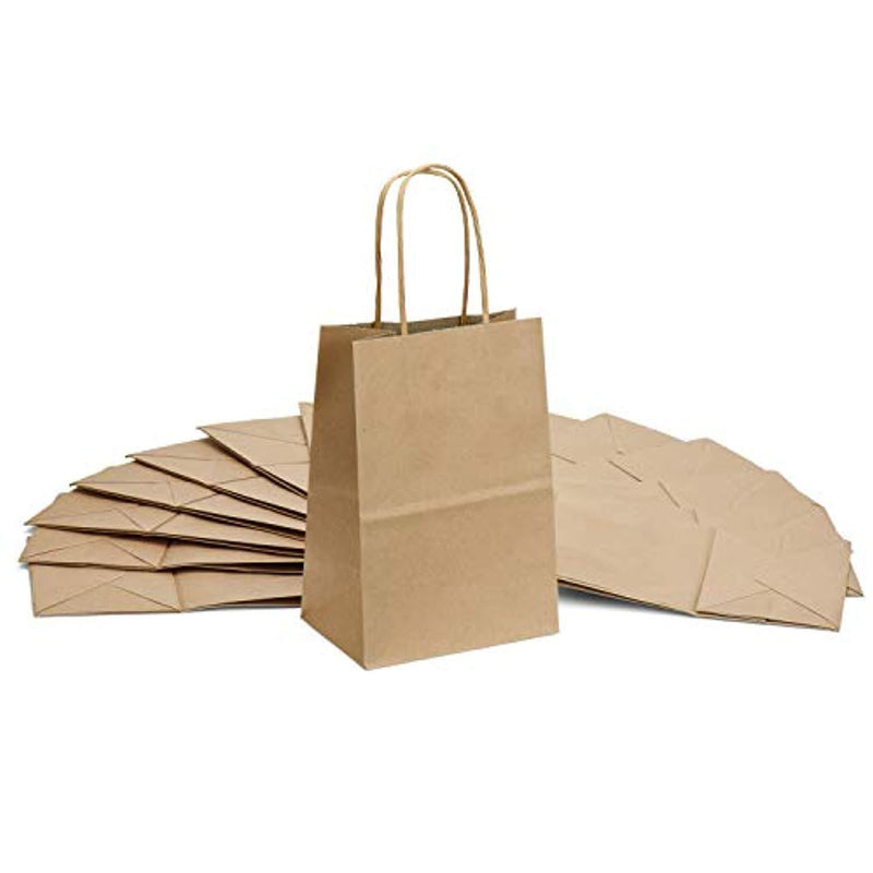 Halulu 100pcs 5.25" x 3.75" x 8 " Brown Kraft Paper Bags,Handled, Shopping, Gift, Merchandise, Carry, Retail,Party Bags