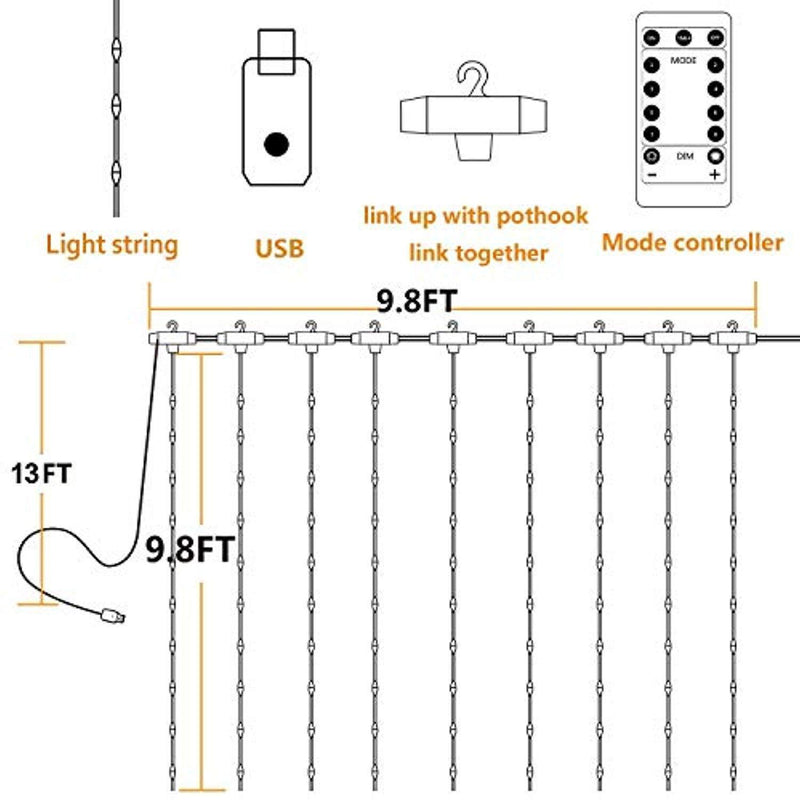 Juhefa Curtain Lights, USB Powered Fairy Lights String,IP64 Waterproof & 8 Modes Twinkle Lights for Parties, Bedroom Wedding,Valentines' Day Wall Decorations (300 LEDs,9.8x9.8Ft, Warm White)