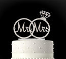 Rubies & Ribbons "Mr & Mrs" Silver Metal with Rhinestones Two Rings Bling Wedding Cake Topper Party Decoration with Gift Box