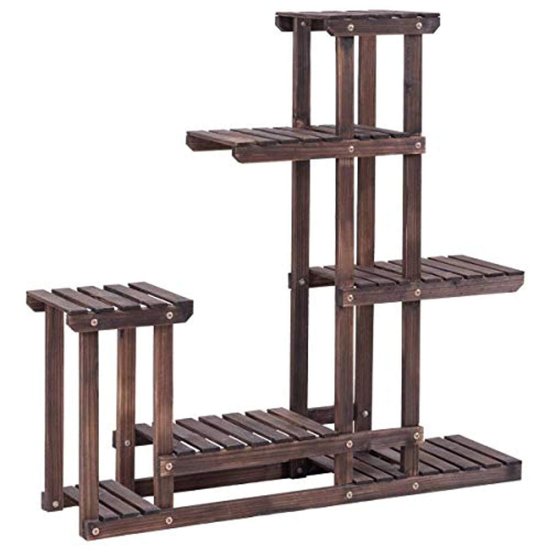 Giantex Flower Rack Plant Stand Multi Wood Shelves Bonsai Display Shelf Indoor Outdoor Yard Garden Patio Balcony Multifunctional Storage Rack Bookshelf W/Hollow-Out Rack (6 Wood Shelves 10 Pots)