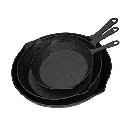 Home-Complete HC-5003 Frying Pans-Set of 3 Cast Iron Pre-Seasoned Nonstick Skillets in 10”, 8”, 6” Cook Eggs, Meat, Pancakes, and More-Kitchen Cookware, 3-Pack, Black