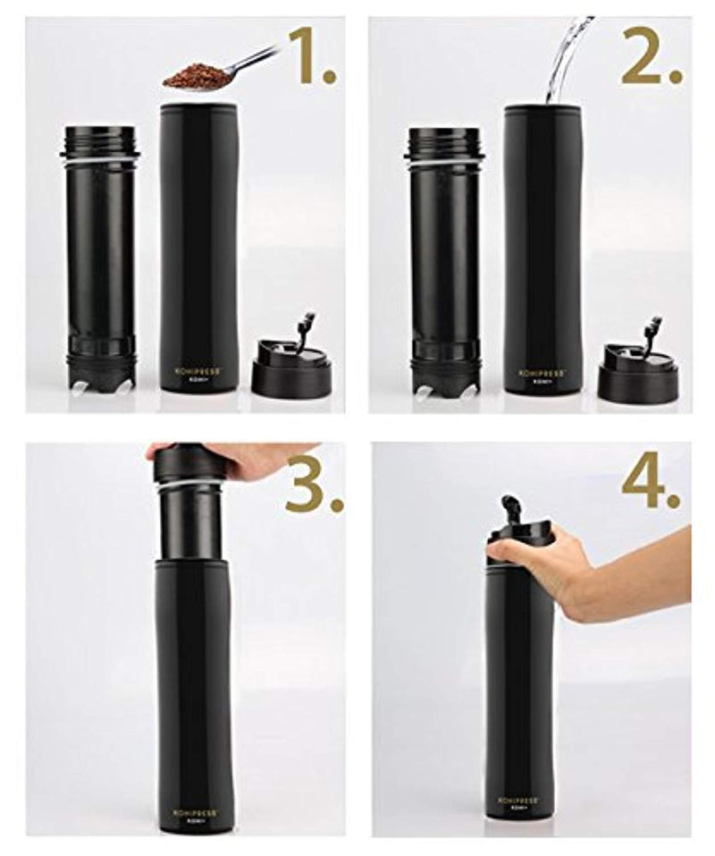 KOHIPRESS The Original Portable French Press Coffee Maker | Vacuum Insulated Travel Mug | Premium Stainless Steel | Hot and Cold Brew (12 oz) | Great for Commuter, Camping, Outdoors and Office (Black)