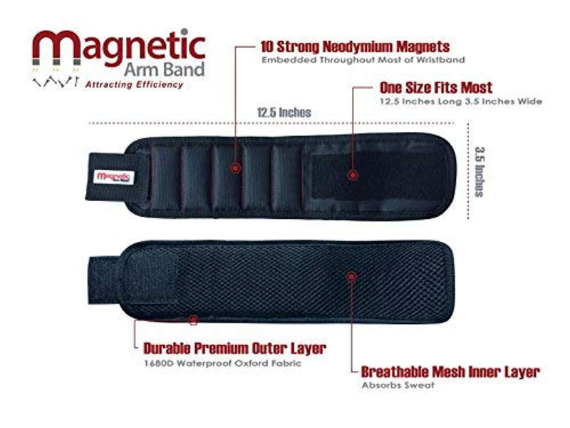 Magnetic Arm Band's Magnetic Wristband - Strong Neodymium Magnets embedded throughout wristband for holding nails, screws, bits, fasteners, washers, bolts, small tools, and much more