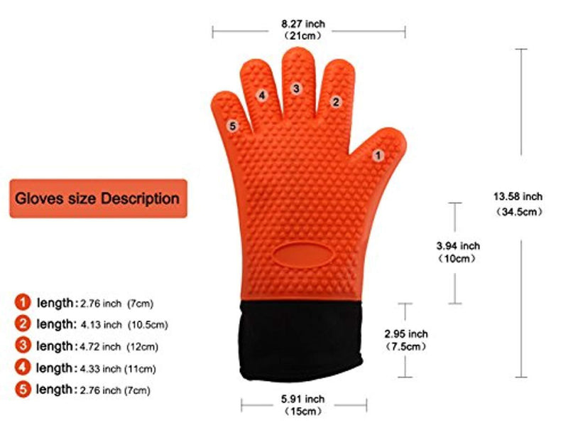 Easy Clean Silicone BBQ Cooking Gloves Set,Smoker Premium Long Rubber BBQ Oven Gloves Heat Resistant Kitchen grilling Gloves Long Waterproof Non-slip Potholder For Barbecue,Baking (Orange)