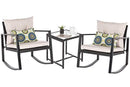 OAKVILLE FURNITURE Patio 3-Piece Rattan Rocking Bistro Set, Outdoor Furniture Sets with Rust-Proof Steel Frame, Black Wicker, Beige Cushion