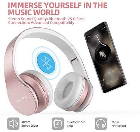 AILIHEN A80 Bluetooth Wireless Headphones Over Ear with Mic Hi-Fi Stereo Wired Foldable Headsets, Soft Earpads, Support with TF Card/MP3 Mode, 25H Playtime for Travel TV PC Cellphone (Rose Gold)