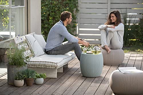 Keter Urban Knit Pouf Ottoman Set of 2 with Storage Table for Patio and Room Décor - Perfect for Balcony, Deck, and Outdoor Seating, Dune/Misty Blue