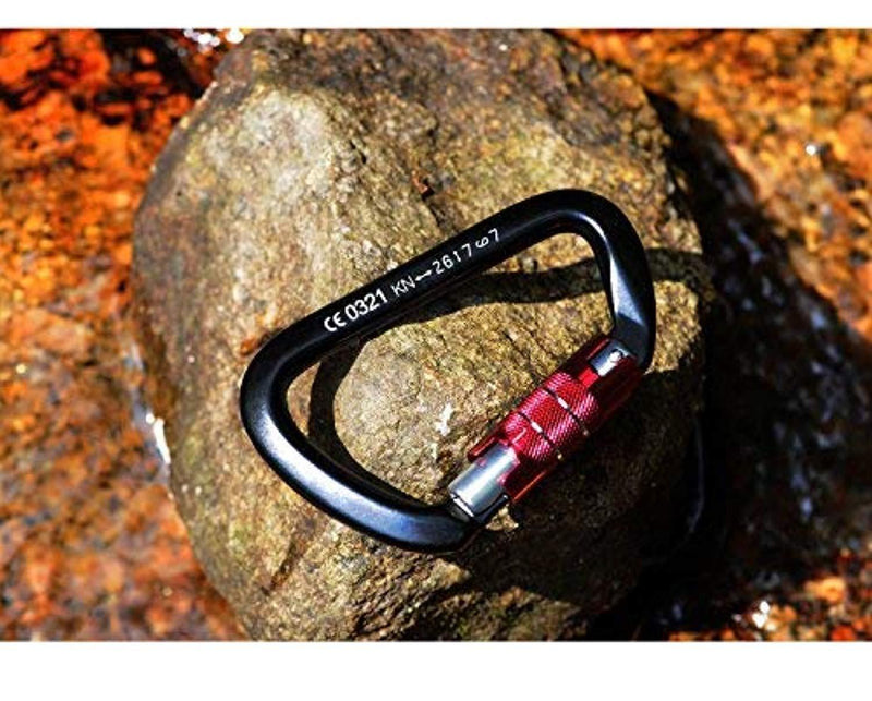 Large Opening Twist Lock Carabiner Set of 2 - D Shape Used for Rock and Mountain Climbing, Hot Forged Construction Tensile Strength at 26kN, 4.33in Height, Black