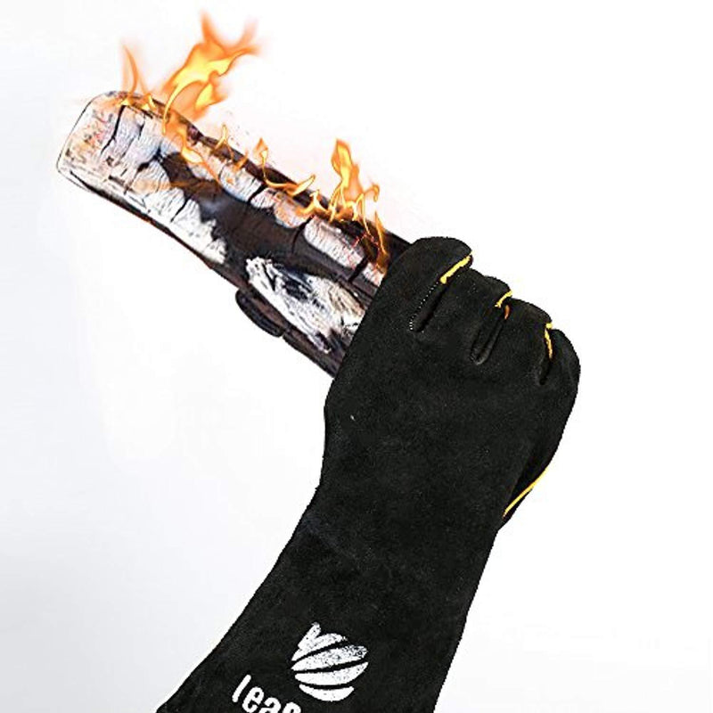 Leather Barbecue Gloves by LeaSeek - Heat Resistant & Flame Retardant Welding Gloves & Fireplace Gloves & Grill Gloves & BBQ Gloves, Heavy duty, Black - 14