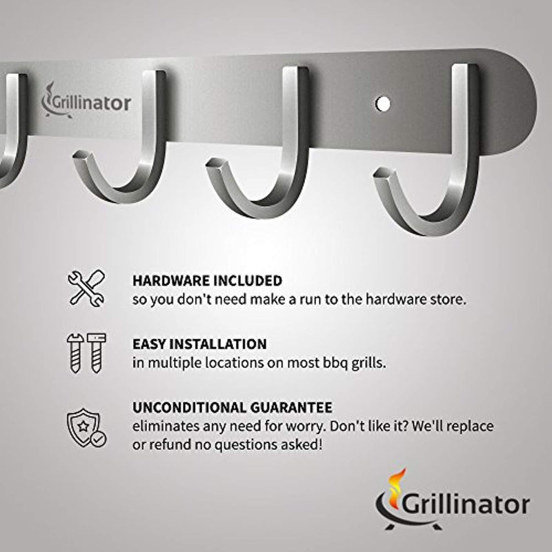 Grillinator BBQ Tool Rack - Brushed Stainless Steel 6 Hook Storage for Grilling & Cooking Utensils - Easy to Install - Gas, Charcoal & Electric Grills - Indoor or Outdoor Use