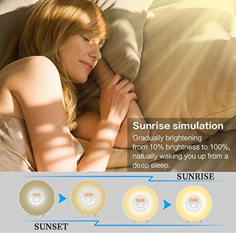 Wake up Light with Sunrise Digital alarm clock- with Multi-Colorful Night Light, 6 Nature Sounds, FM Radio,Digital Clock,Sunrise and Sunset Simulation Perfect Suit for Adults and kids-Gift Set