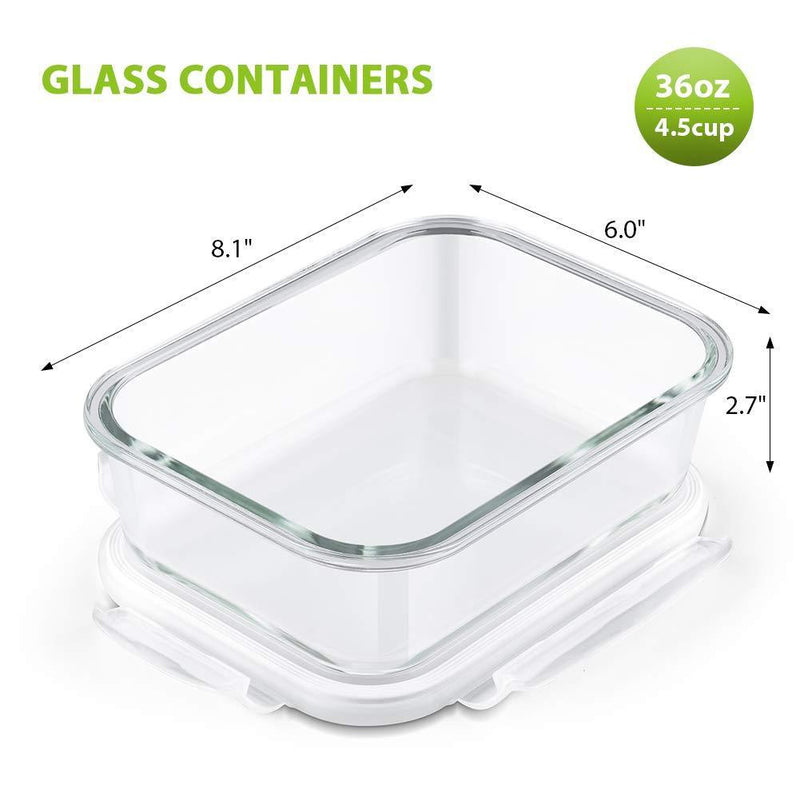 Bayco Large Glass Meal Prep Containers, [5 Pack, 36oz | 4.5cups] Glass Food Storage Containers with Lids, Airtight Glass Bento Boxes, BPA Free & FDA Approved & Leak Proof (5 lids & 5 Containers)