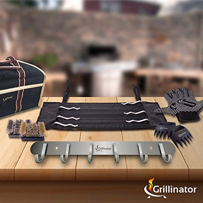 Grillinator BBQ Tool Rack - Brushed Stainless Steel 6 Hook Storage for Grilling & Cooking Utensils - Easy to Install - Gas, Charcoal & Electric Grills - Indoor or Outdoor Use