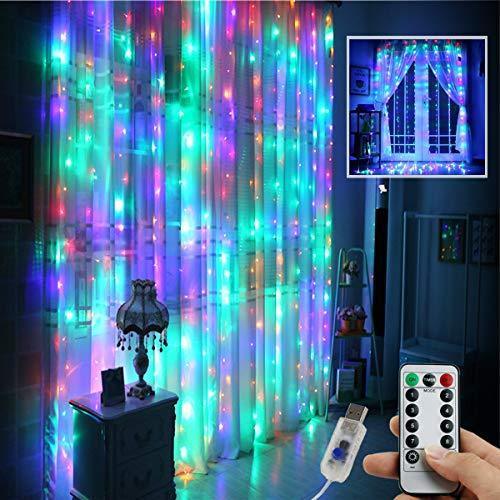 Juhefa Curtain Lights, USB Powered Fairy Lights String,IP64 Waterproof & 8 Modes Twinkle Lights for Parties, Bedroom Wedding,Valentines' Day Wall Decorations (300 LEDs,9.8x9.8Ft, Warm White)