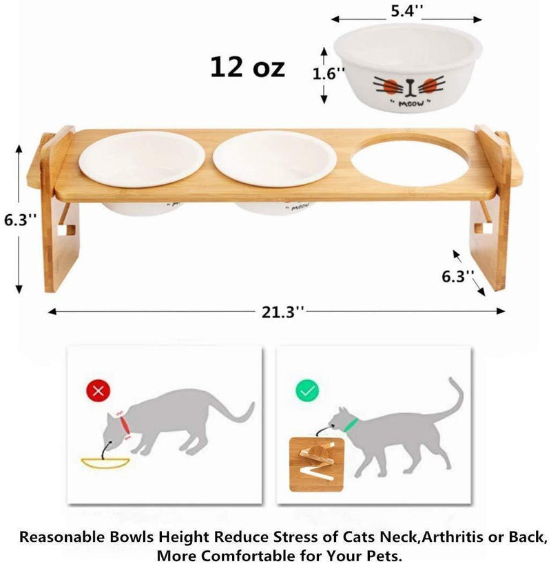 Ymachray Raised Cat Dog Bowls with Stand Feeder, Elevated Bamboo Stand with 3 Ceramics Bowls, Adjustable 4 Heights