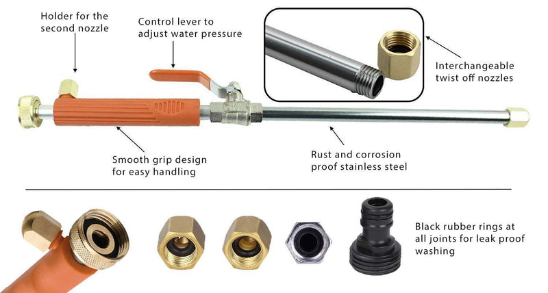 Hydro-Jawn 27" Orange High Pressure Power Washer Wand | Hydro Jet Extension Wand with 2 Nozzles, Flexible Extender, Garden Hose Attachment, and Cleaning Mitt for Cars, Boats, Windows, and Gardens