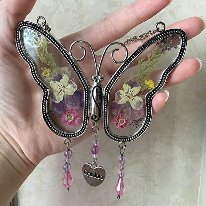 KOLIN Grandma Butterfly Suncatcher Gifts, Grandma Granny Birthday Gifts Presents from Grandson Granddaughter Real Flower Heart Charm Wind Chimes Window Ornaments