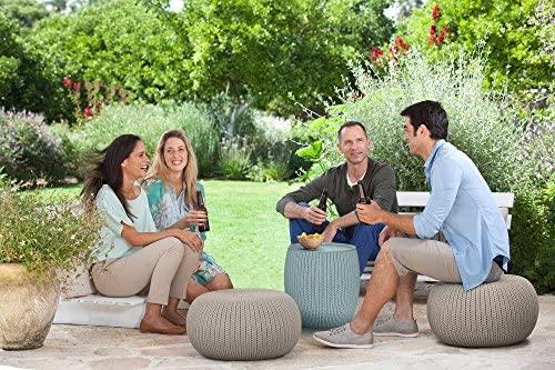 Keter Urban Knit Pouf Ottoman Set of 2 with Storage Table for Patio and Room Décor - Perfect for Balcony, Deck, and Outdoor Seating, Dune/Misty Blue