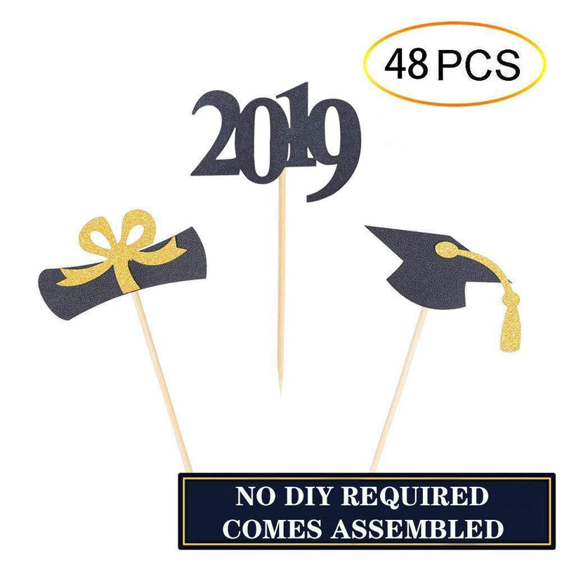 Qibote Graduation Cupcake Toppers 2019 Graduation Party Cake Decorations Cupcake Topper Picks Class of 2019 Graduation Party Supplies (48 PCS)