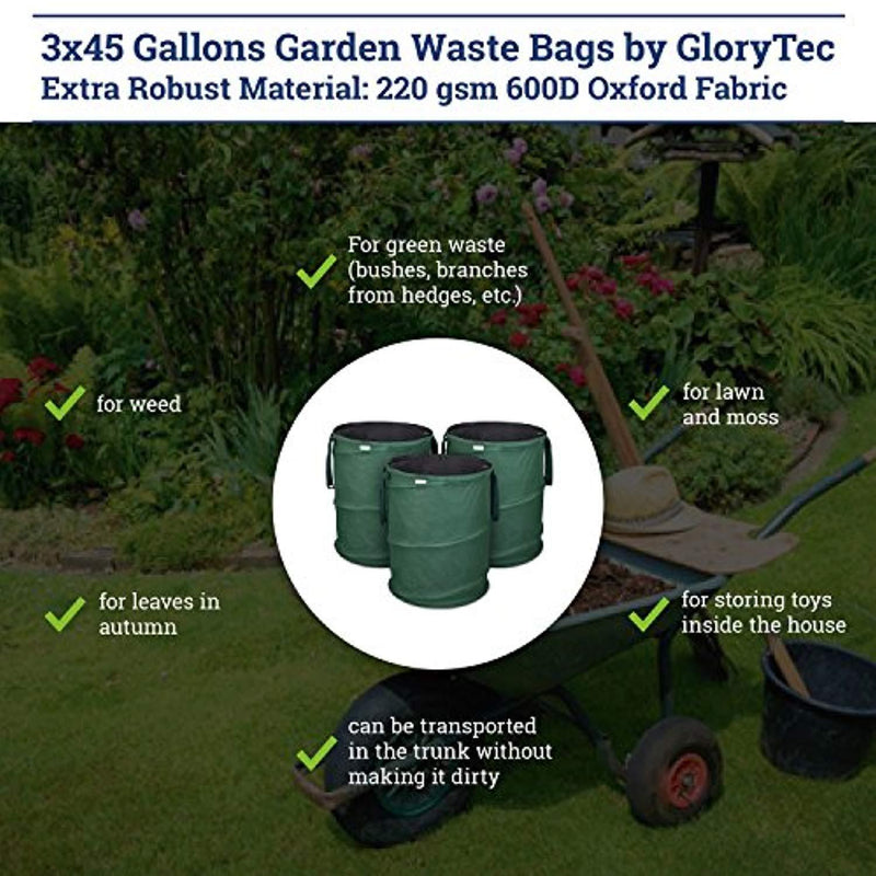 GloryTec 3-Pack Collapsible Garden Bag 45 Gallons Each - Heavy-Duty Gardening Container - Comparative-Winner 2018 - Reusable Trash Can for Leaf, Lawn and Yard Waste - Premium Bagster