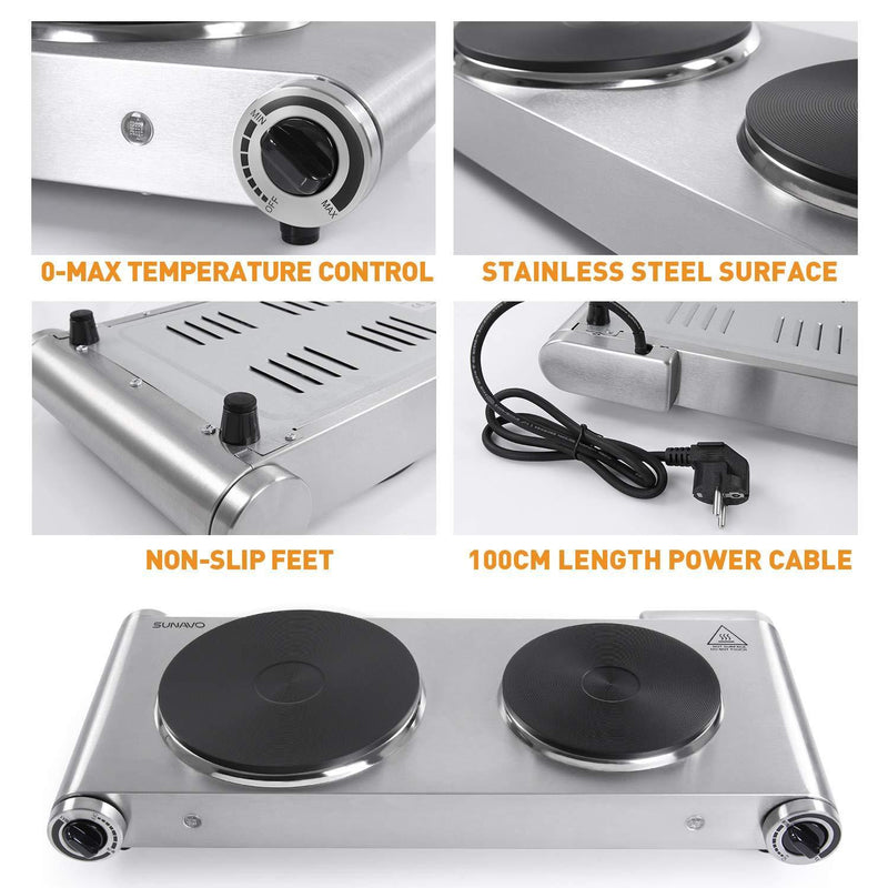 Hot Plate Double Burner for Cooking Electric 1800W, SUNAVO Portable Countertop Burners Cooktop Hotplate hob Burner Variable Temperature Controllers, Stainless Steel Silver by sunavo