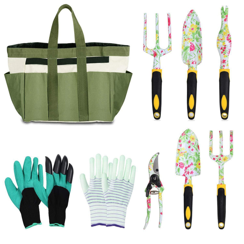 LOYLOV Garden Tool Set Floral Print 9 Piece Aluminum Gardening Tools with 2 Gardening Gloves, Garden Tote, Hand Pruner, Garden Trowel, Hand Rake, Weeder, Fork, Transplanter, Gardening Gifts for Women