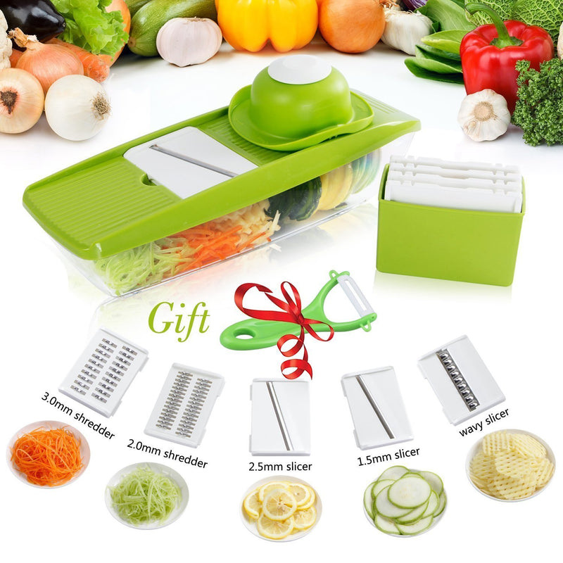 Mandoline Slicer - Premium Vegetable Potato Slicer Grater - Cutter for Tomato, Onion, Cucumber, Zucchini Pasta, Cheese - Julienne Veggie Peeler Chopper - Food Storage, 5 Blades & Hand Protector by Braviloni