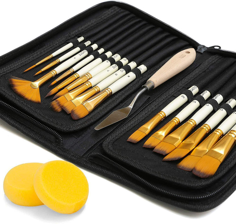 DUGATO Artist Paint Brush Set 15pcs Includes Pop-up Carrying Case with Free Palette Knife and 2 Sponges