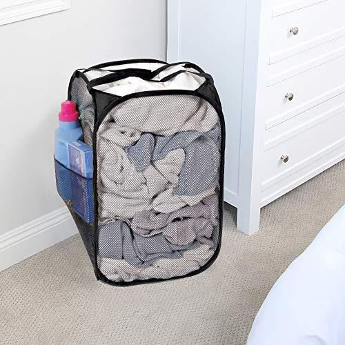 Smart Design Deluxe Mesh Pop Up Square Laundry Hamper w/ Side Pocket & Handles - VentilAir Fabric Collapsible Design - for Clothes & Laundry - Home - (Holds 2 Loads) (14 x 23 Inch) [Black]