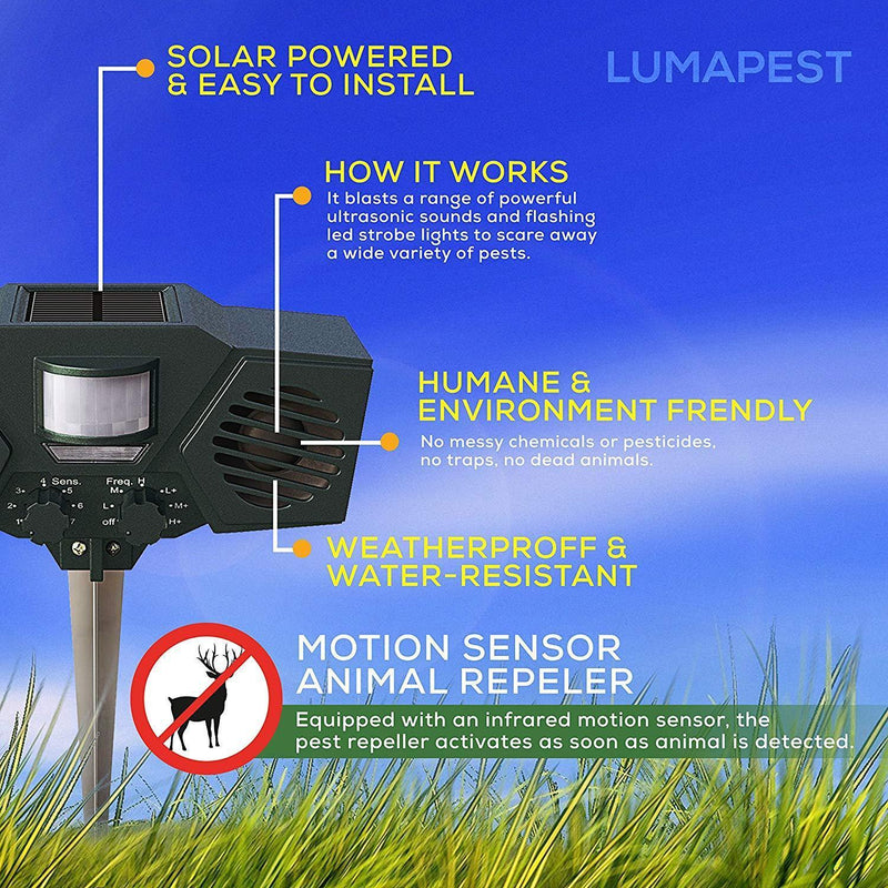 Lumapest Ultrasonic Outdoor Pest & Animal Repeller Upgraded Version - Solar Powered Motion Activated Sensor - Humane, Eco-Friendly - Effective Pest & Animal Management Without Traps or Chemicals