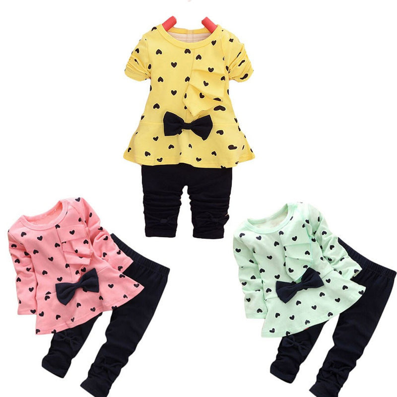 New Baby Sets Heart-Shaped Print Bow Cute Kids Set T Shirt + Pants - Humble Ace