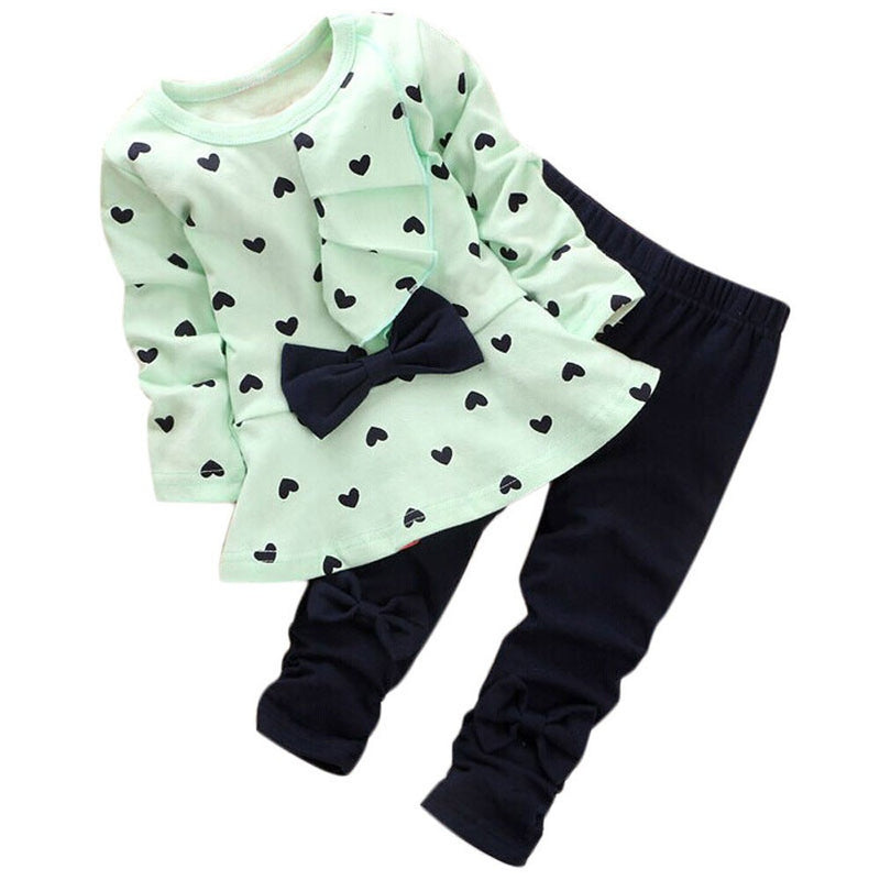 New Baby Sets Heart-Shaped Print Bow Cute Kids Set T Shirt + Pants - Humble Ace