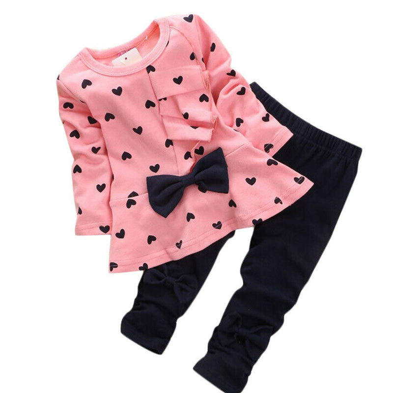 New Baby Sets Heart-Shaped Print Bow Cute Kids Set T Shirt + Pants - Humble Ace